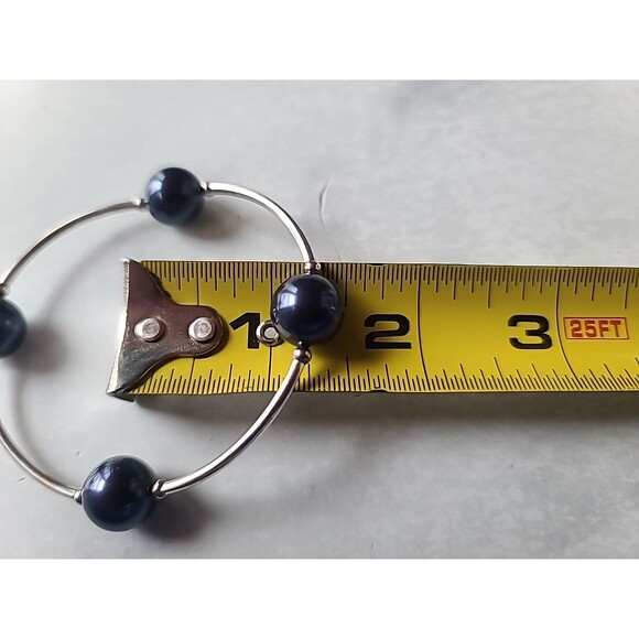 925 Sterling Silver Faux Blue Pearl Beaded Bangle Bracelet Vintage - Picture 9 of 10
